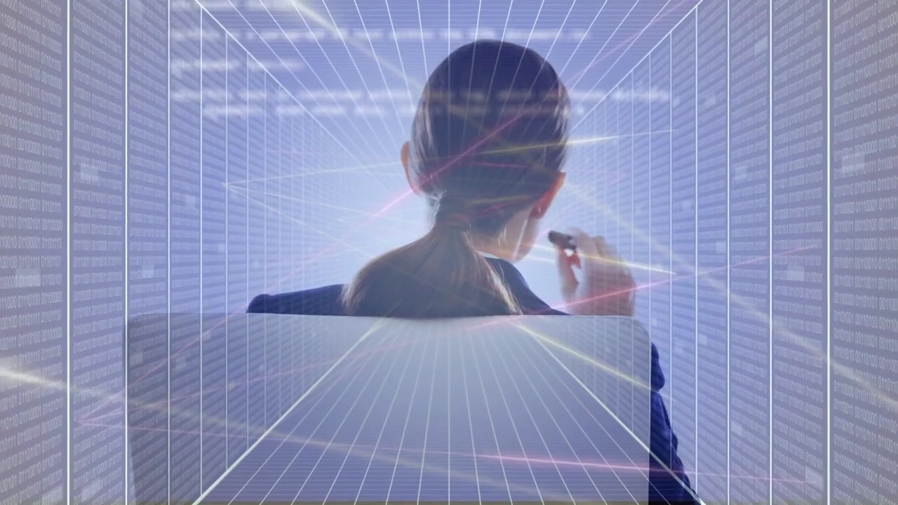 Empresária sentada, levantando a caneta stylus e ativando grade holográfica enquanto analisa o texto do painel