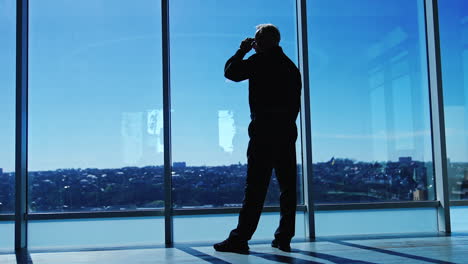 silhouette of a senior man wearing glasses standing at the big panoramic window in office. man takes off his glasses and puts them again. low angle view.