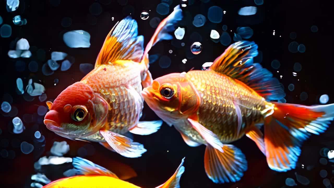 Two goldfish swimming in a tank with bubbles. The fish are orange and white. The tank is dark and the bubbles are floating around the fish