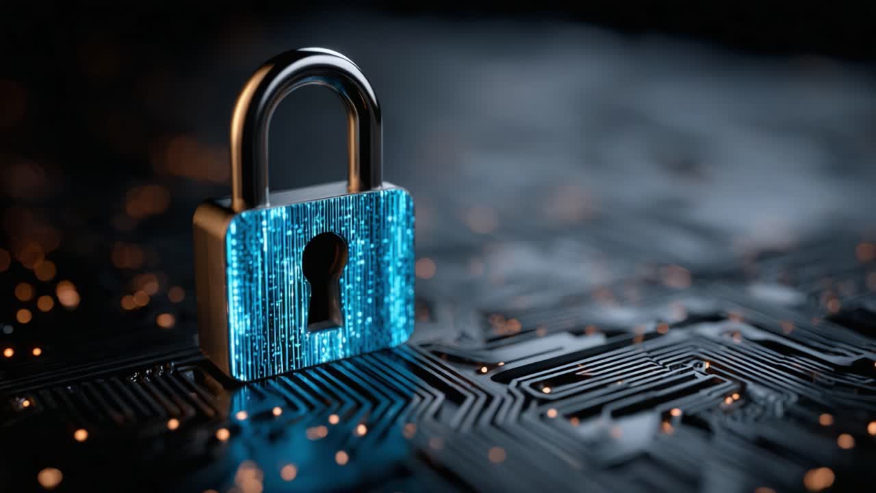 Digital Security Lock Featuring Futuristic Design on Circuit Board Background, Representing Cybersecurity, Data Protection, and Privacy in the Digital Age