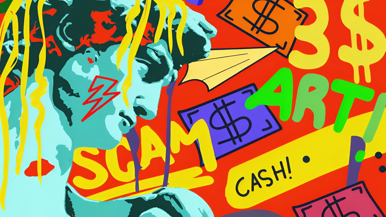 Pop Art Illustration of Classical Bust with Money and Modern Elements