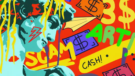 pop art illustration of classical bust with money and modern elements