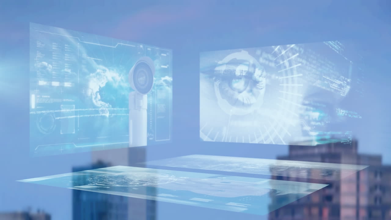 다양한 데이터 및 보안 카메라의 애니메이션 도시 금융 지구 이상