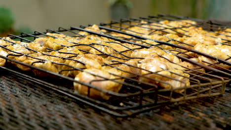 barbecuing chicken on open fire, turning it on grid, shallow dof