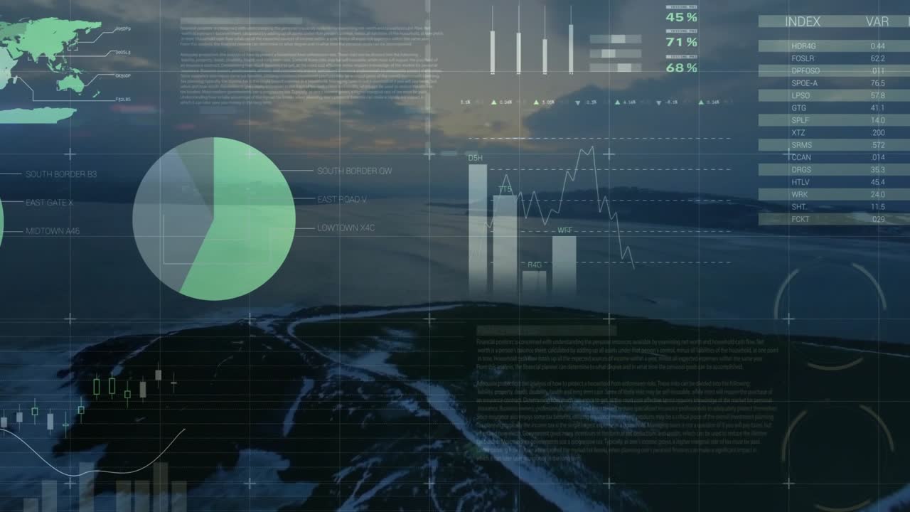 Dusk animation starting clear overlay fading adding pies, bars, map, settling showing coast data