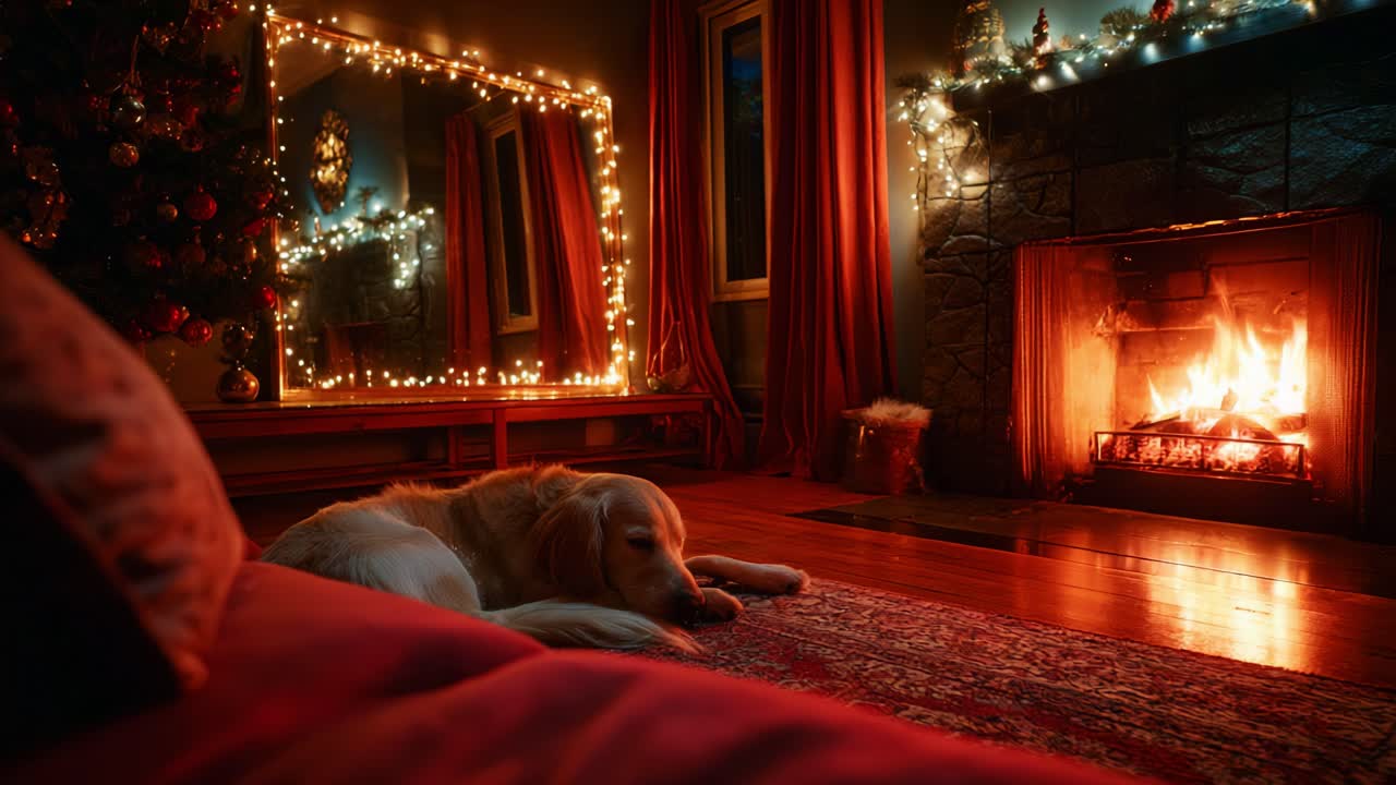 A Cozy Holiday Evening: A Golden Retriever Resting Comfortably by a Crackling Fireplace Surrounded by Twinkling Lights and a Beautifully Decorated Christmas Tree in a Warm Living Room Setting