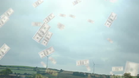 Floating dollar bills over wind turbines in rural landscape with animation effect