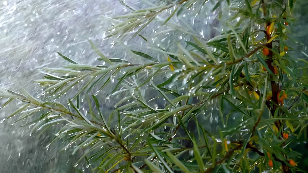 Sea Buckthorn Bush in the Rain
