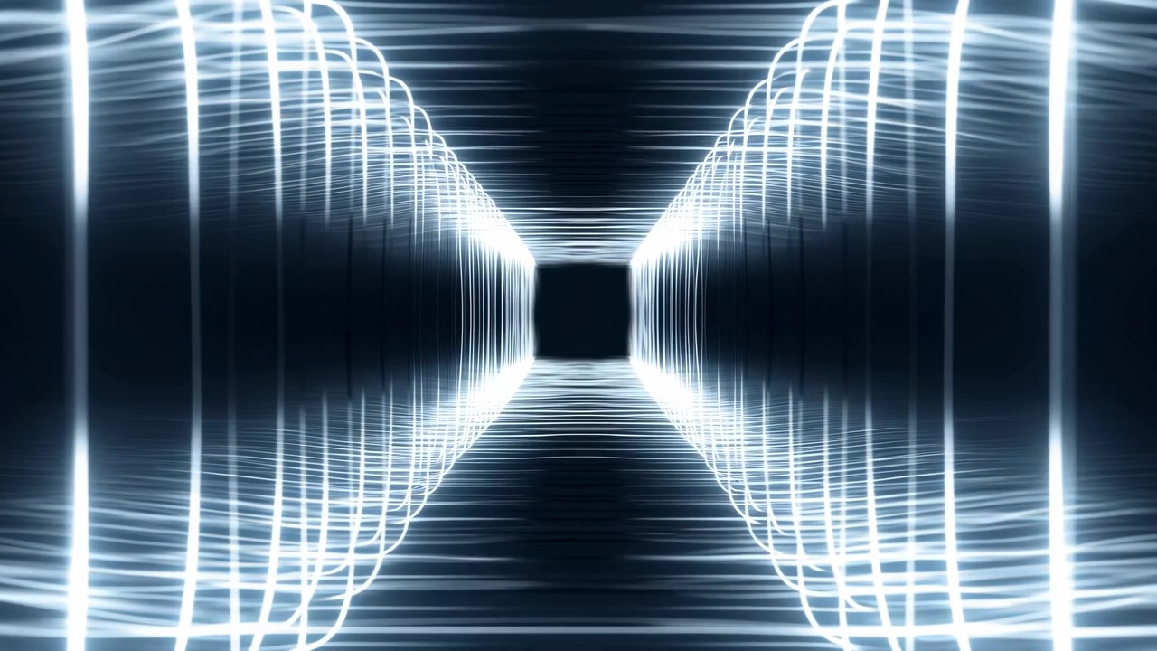 Bright white light trails form a symmetrical tunnel around a dark center, creating a futuristic corridor effect with strong depth, soft motion blur, and a