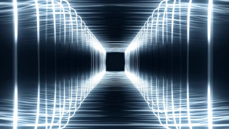 Bright white light trails form a symmetrical tunnel around a dark center, creating a futuristic corridor effect with strong depth, soft motion blur, and a