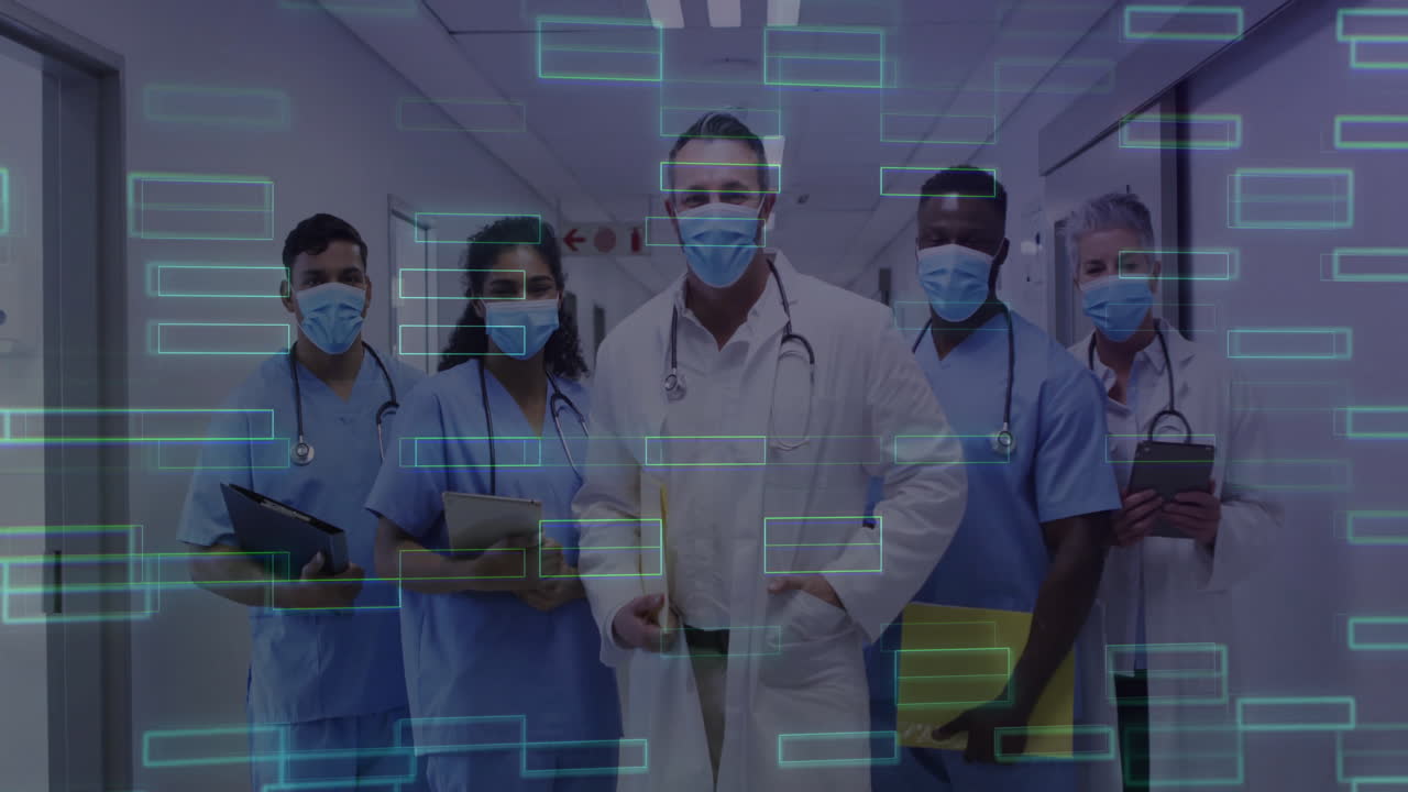 Medical team holding tablets and clipboards in hospital corridor, displaying AR data overlays