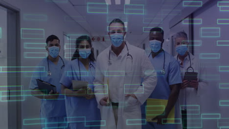 medical team holding tablets and clipboards in hospital corridor, displaying ar data overlays