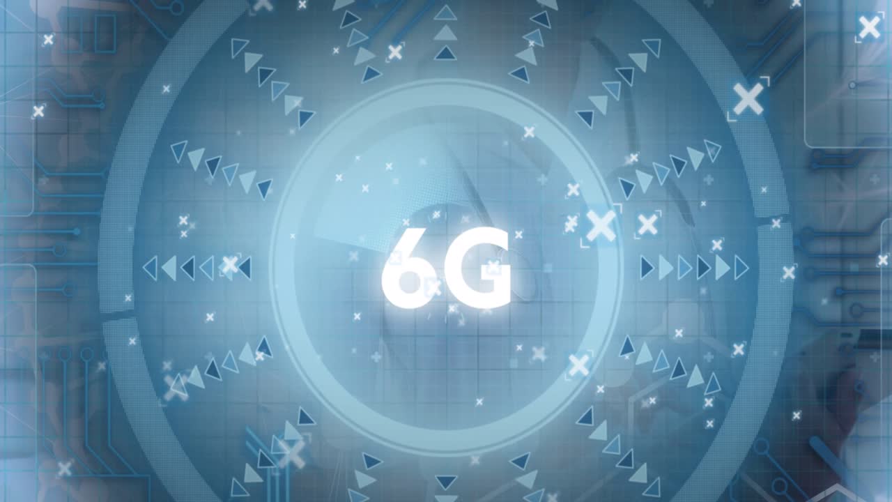 Animation of data processing and 6g text over caucasian female doctor with tablet