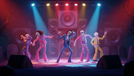 animated skeletons perform energetic dance on stage under colorful lights, creating a lively atmosphere filled with music and entertainment in a spooky setting