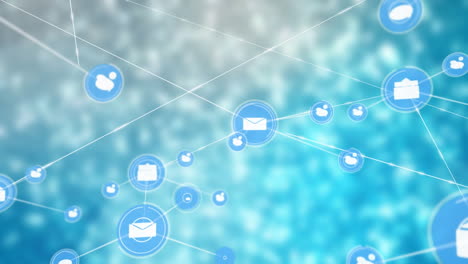 Animation of network of digital icons against textured blue gradient background