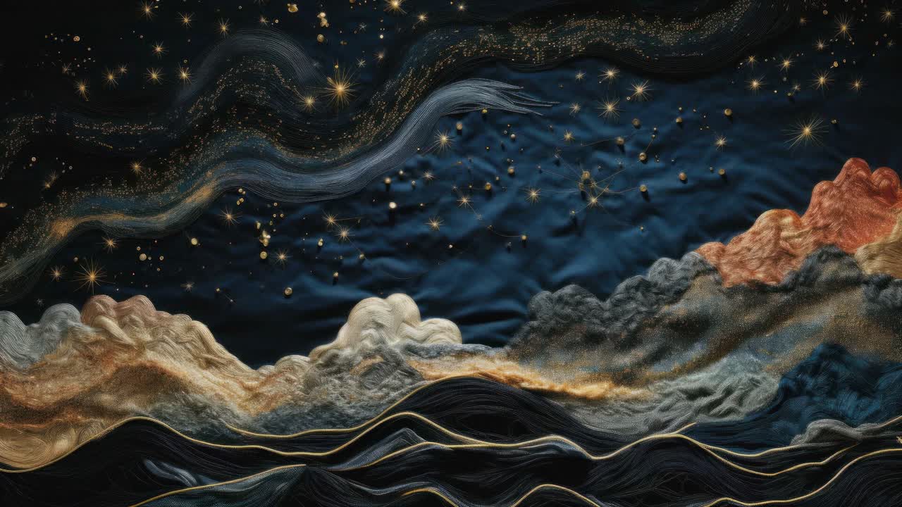 Luchtfoto van een nachtelijke sterrenhemel met textuur, wervelende wolken en golven die op een wandtapijt lijken