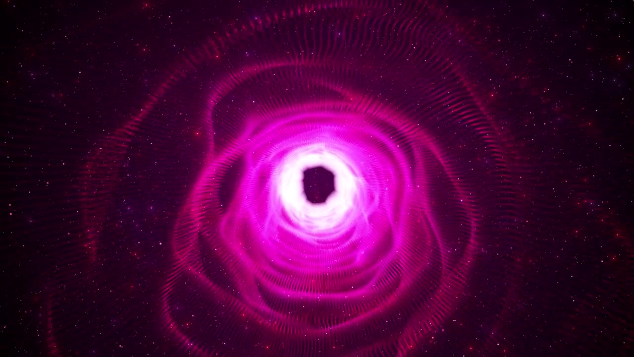 Sfondo con vortice di particelle digitali magenta, tunnel circolare luminoso, portale brillante e maglia ondulata puntinata
