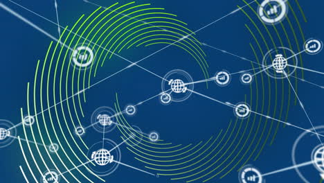 network connections and data nodes animation over blue background with green circles