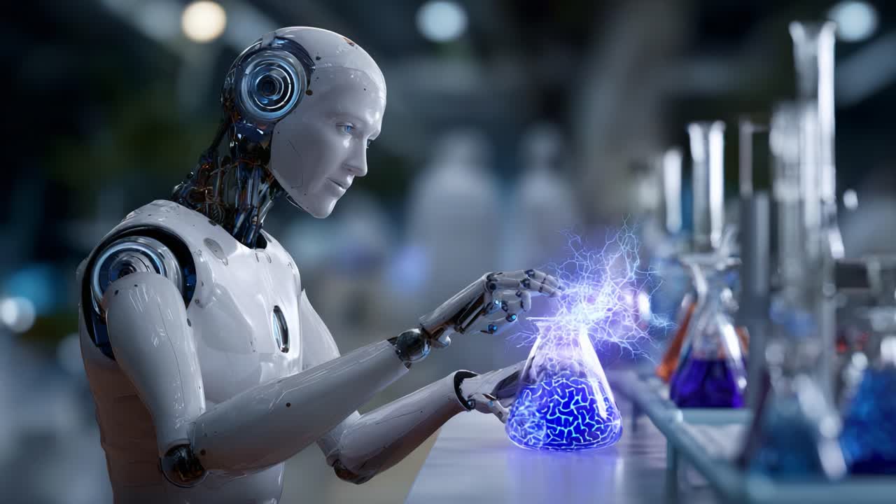 En avanceret robot udfører eksperimenter i et futuristisk laboratorium og håndterer glødende bægerglas fyldt med levende væske og nye energifænomener
