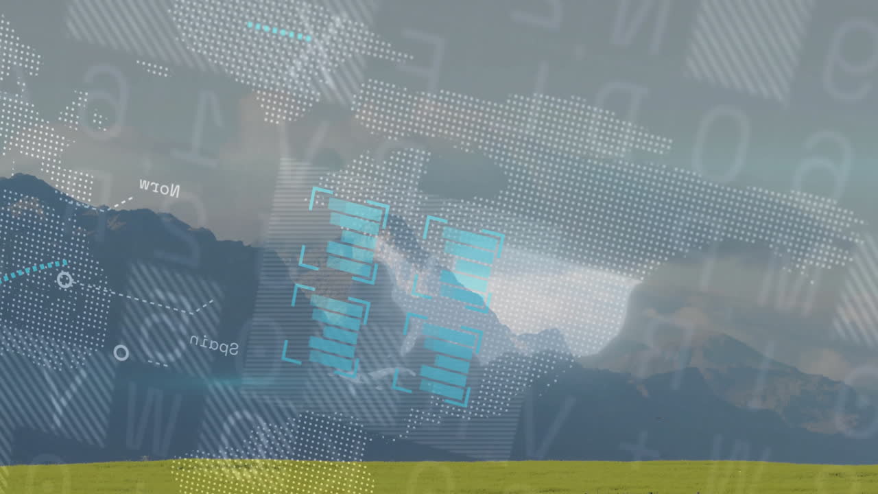 Digital data processing animation over landscape with mountains and cloudy sky