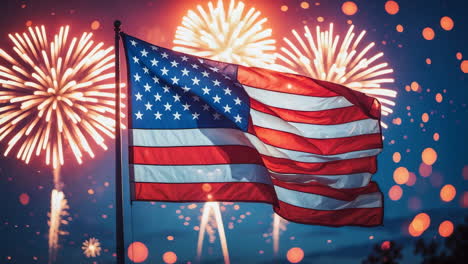 american flag with fireworks at night