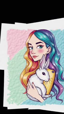 illustration of a colorful-haired girl holding a white rabbit