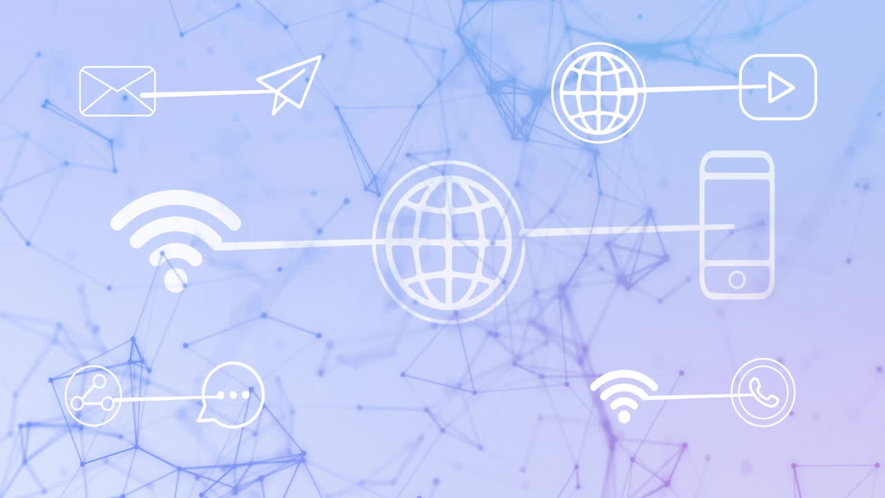 animación de la conectividad de la red y los iconos de comunicación sobre un fondo digital abstracto