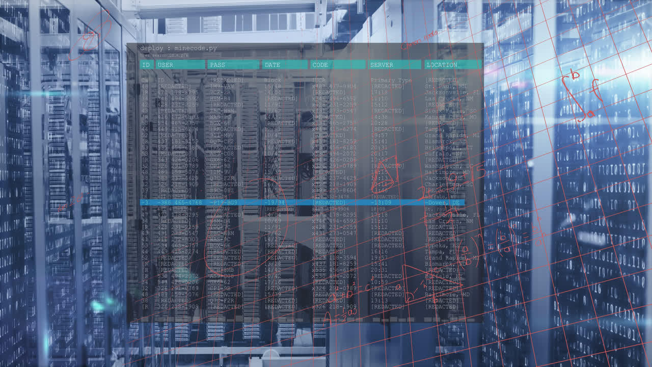 Animation of mathematical equations and data processing over server room