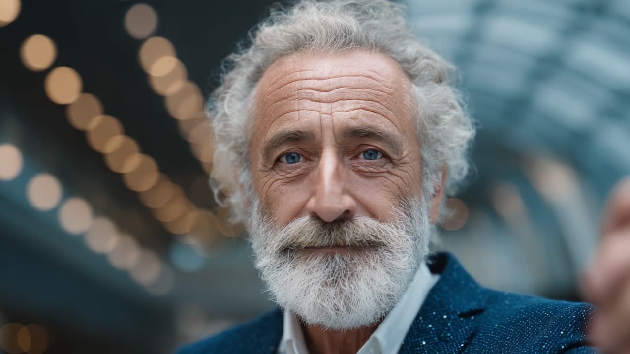 Un ritratto di saggezza: catturando l'essenza di un anziano elegante con distintivi capelli argentati, occhi espressivi e un sorriso caloroso, su uno sfondo delicatamente illuminato.