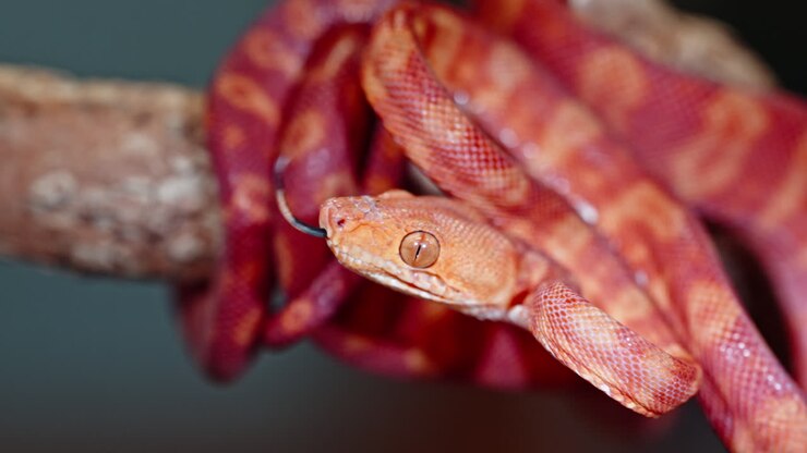 Red and orange snake coiled around a branch, displaying its sharp, striking features