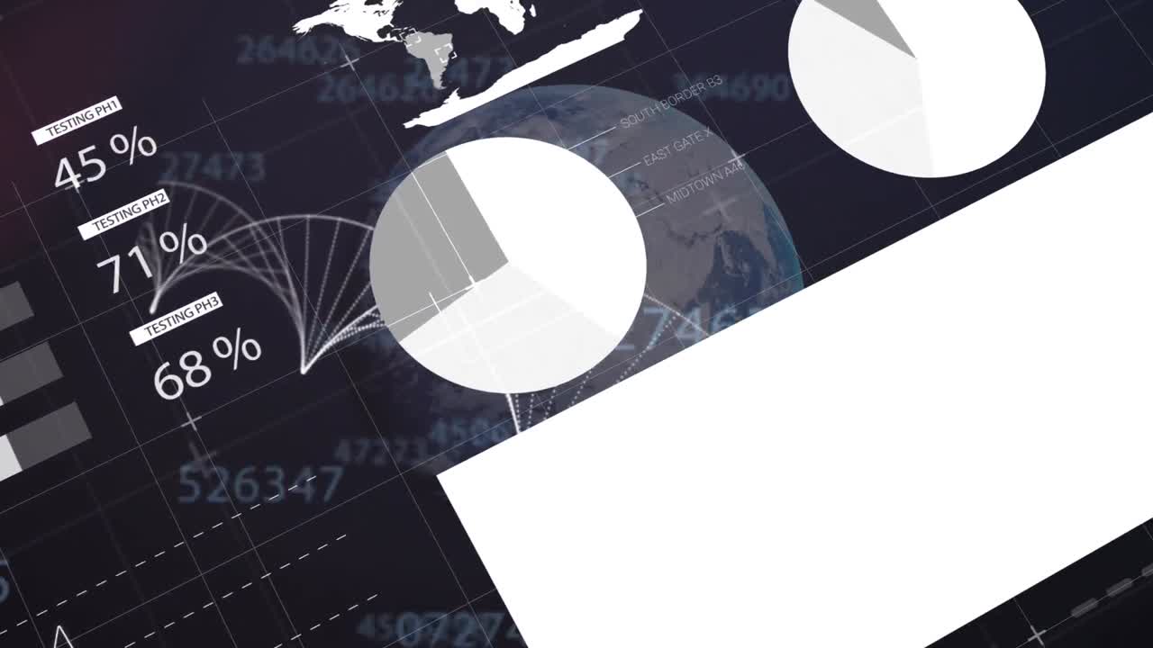 Animation of data processing over dna strand and globe on black background