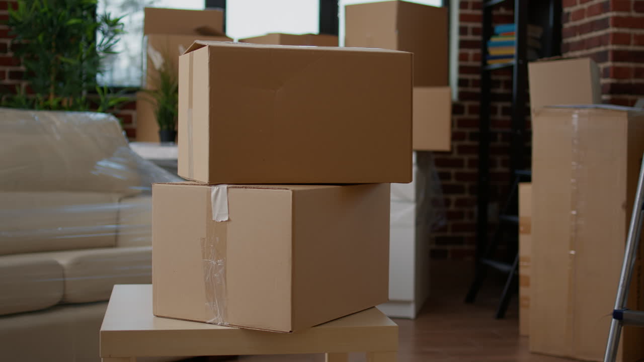 Empty new apartment space with furniture packages in boxes