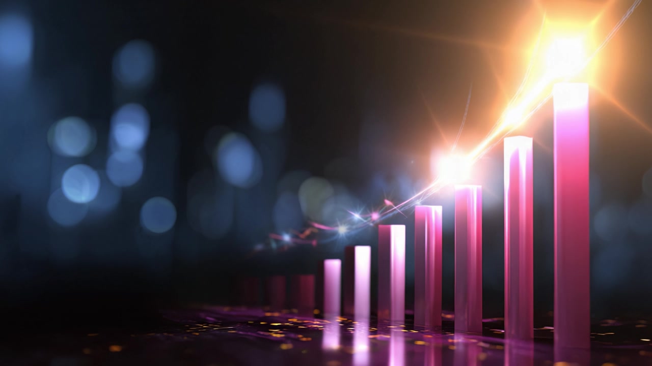 Dynamic Growth Representation Through Rising Pink Bars Against a Shimmering Dark Background with Elegant Glow and Light Effects Illustrating Progression.