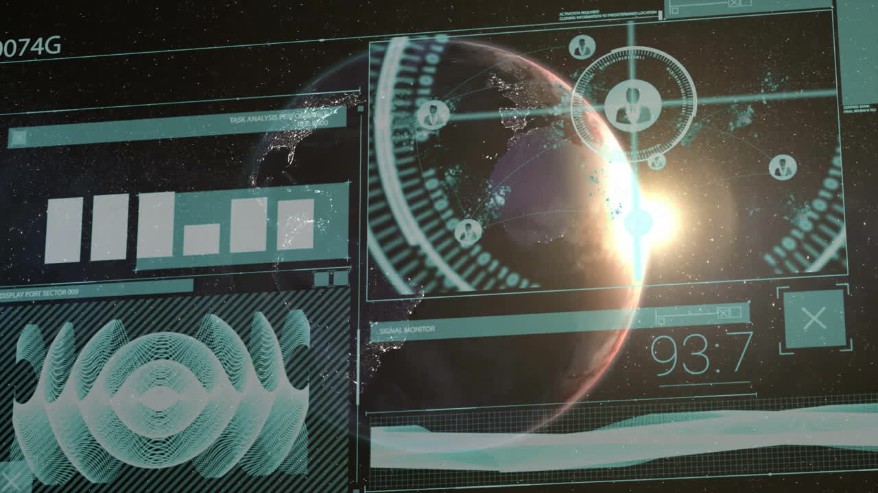 Displaying holographic Earth-like planet rotating with network node links and floating bar charts