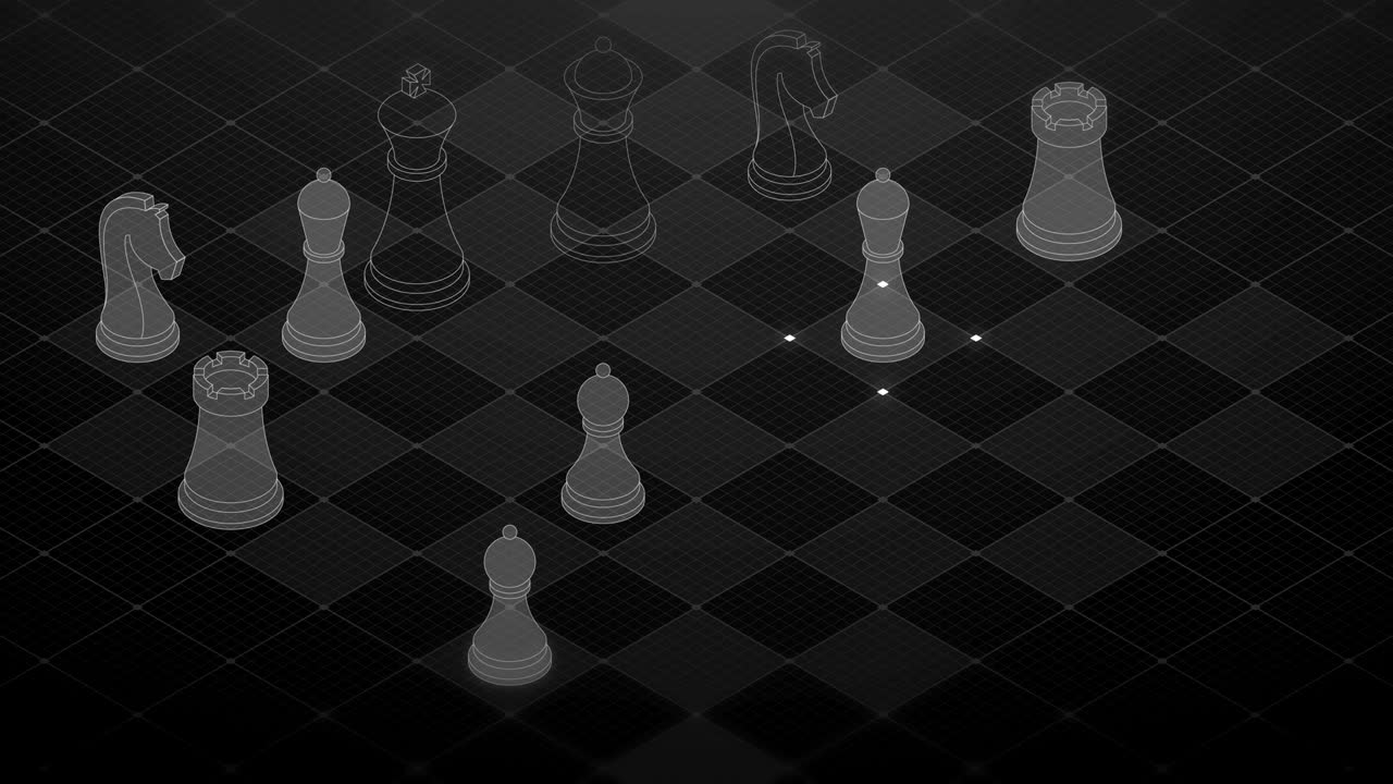 3D isometrisk virtuelt gennemsigtigt skak med skakbræt med firkantet netmønster, designkoncept for forretningsteknologistrategi på sort baggrund, sømløs loopende 4K-animation med plads til tekst.