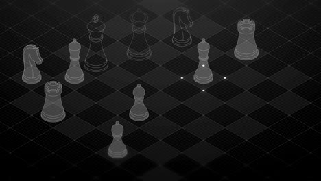 3d isometric virtual transparency chess with square mesh pattern chessboard, business technology strategy concept design on black background, seamless looping animation 4k with copy space