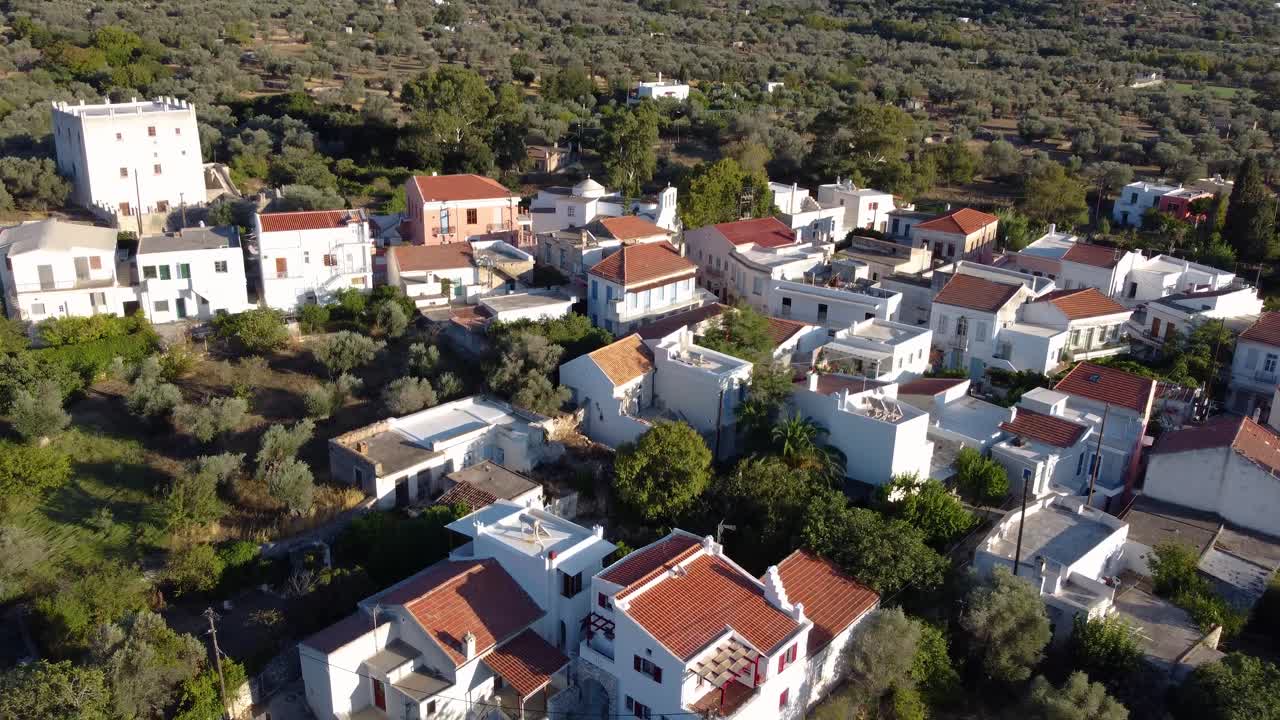 Orbit Aerial of Halki Village in Tragaia at Sunset, Naxos, Greece