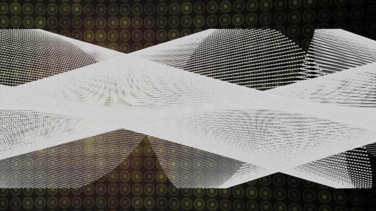 Rete a onde astratta che scorre nello spazio digitale, caratterizzata da nastri punteggiati e cerchi a griglia.