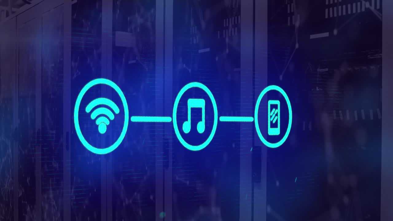 Animazione di icone multimediali blu connesse e di una rete di connessioni su server di computer