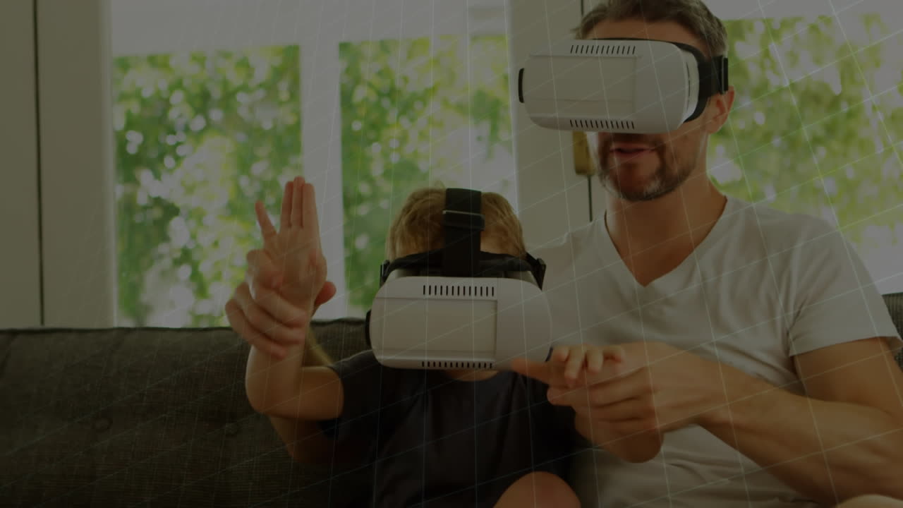 animación de dibujos matemáticos y ecuaciones sobre padre e hijo usando auriculares vr