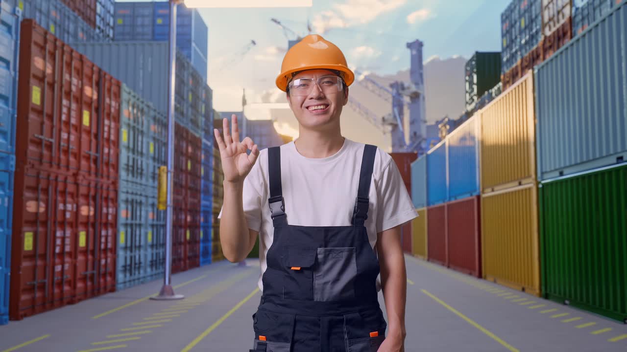 Asian Man Worker Wearing Goggles And Safety Helmet Smiling And Showing Okay Gesture To Camera While Standing At Container Yard Warehouse