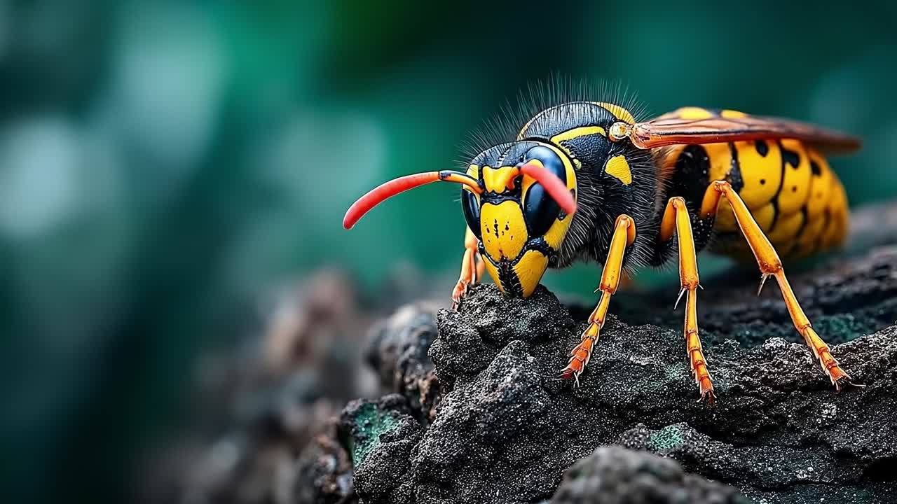 A yellow and black hornet sitting on top of a tree stump