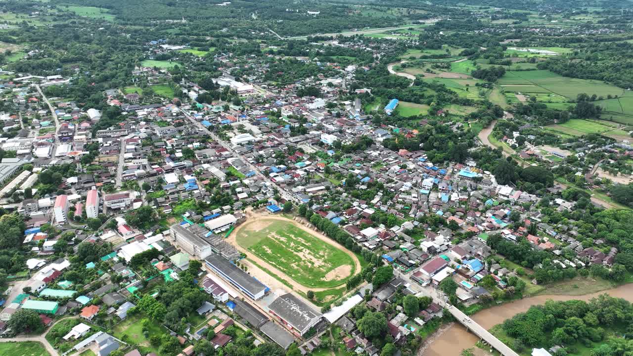 Aerial view, Pai town, sports stadium, river, neighborhood housing