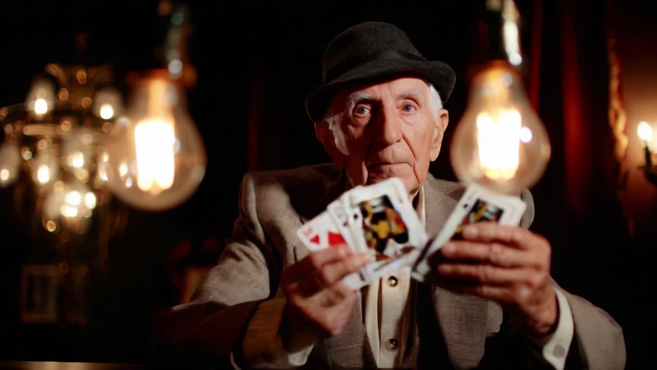 An elderly gentleman showcases his impressive card hand under warm, ambient lighting, exuding a sense of wisdom and experience in this captivating portrait of a card game atmosphere