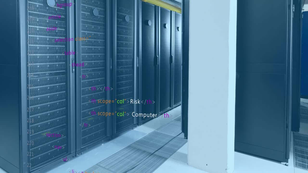 animación del lenguaje informático sobre racks de servidores de datos