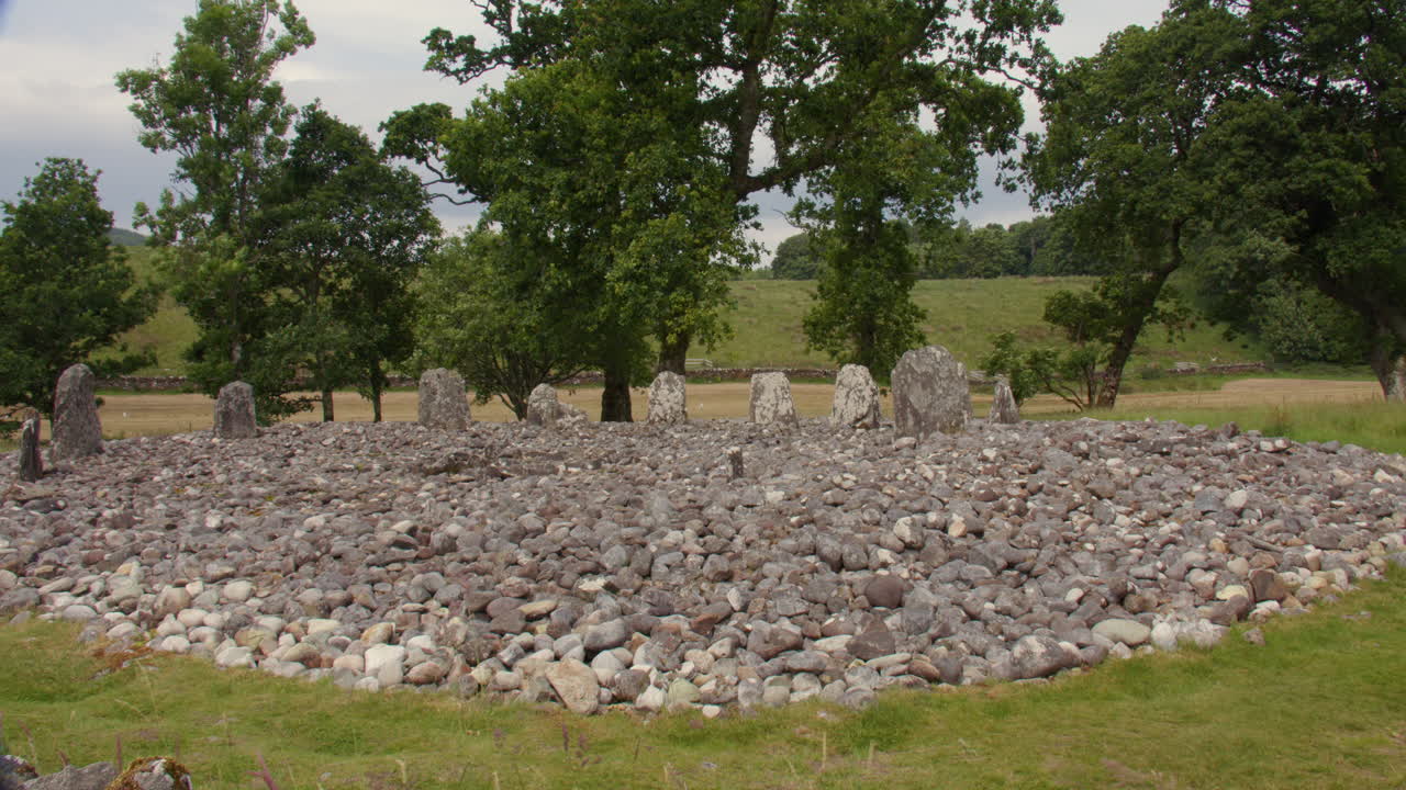 Vidvinkelbilde av den sørlige Temple Wood Stone Circle ved siden av Nether Largie Standing Stones ved Kilmartin