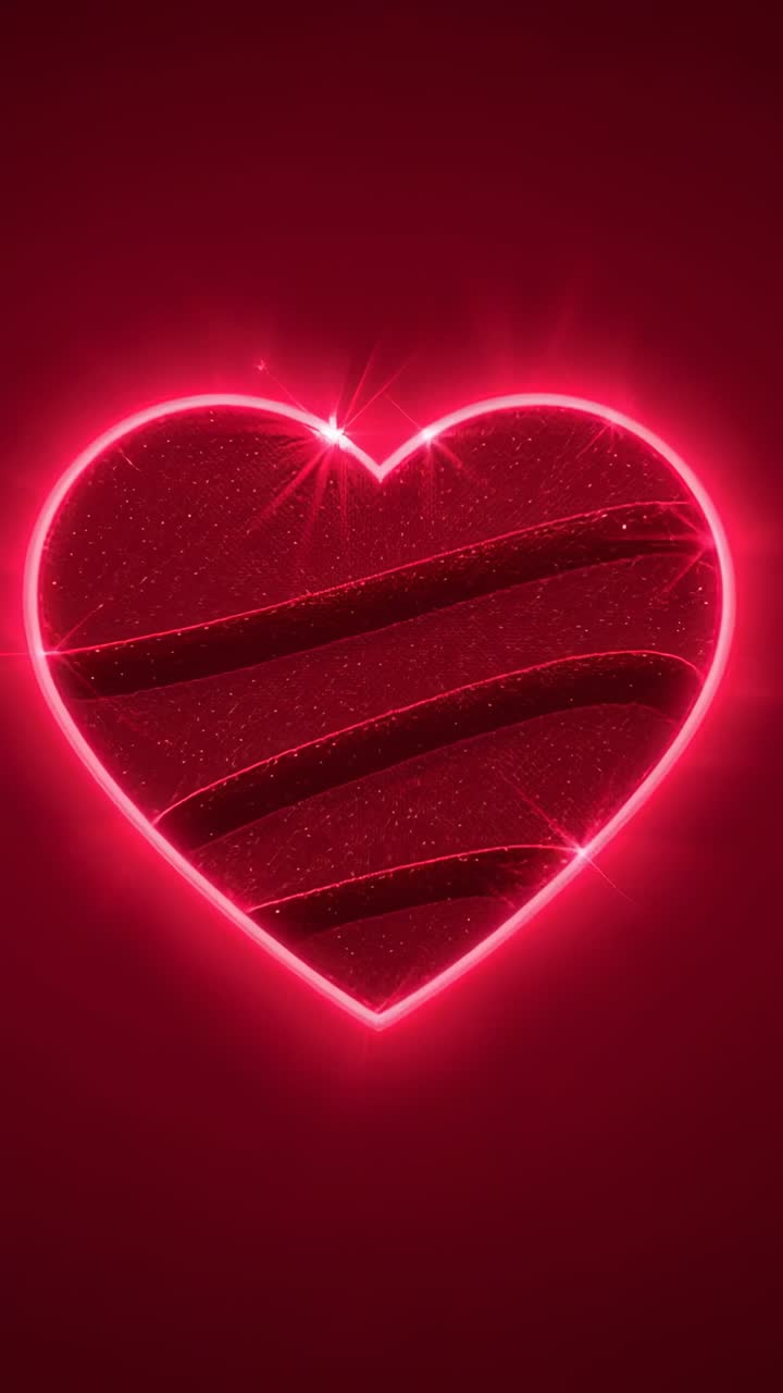 Video verticale: cuore al neon a ciclo continuo che pulsa su sfondo rosso con bagliori e bande luccicanti per creare l’effetto desiderato
