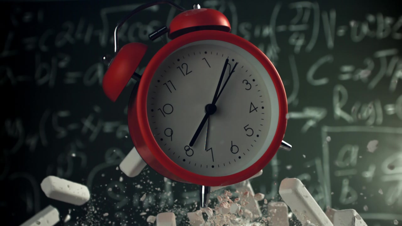Red Alarm Clock and Floating Chalk Against a Mathematical Blackboard