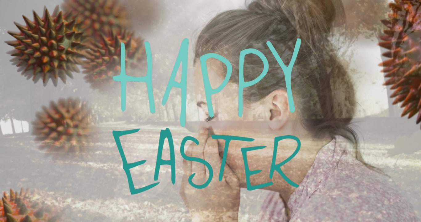 Woman Coughing with Virus Overlay and Happy Easter Text