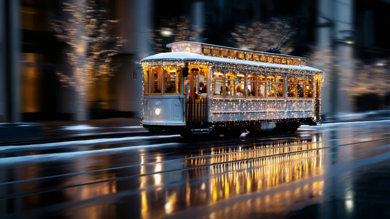 A beautifully illuminated vintage tram adorned with twinkling lights glides through a charming city street, creating a magical atmosphere reflected on the glistening wet pavement during the festive evening